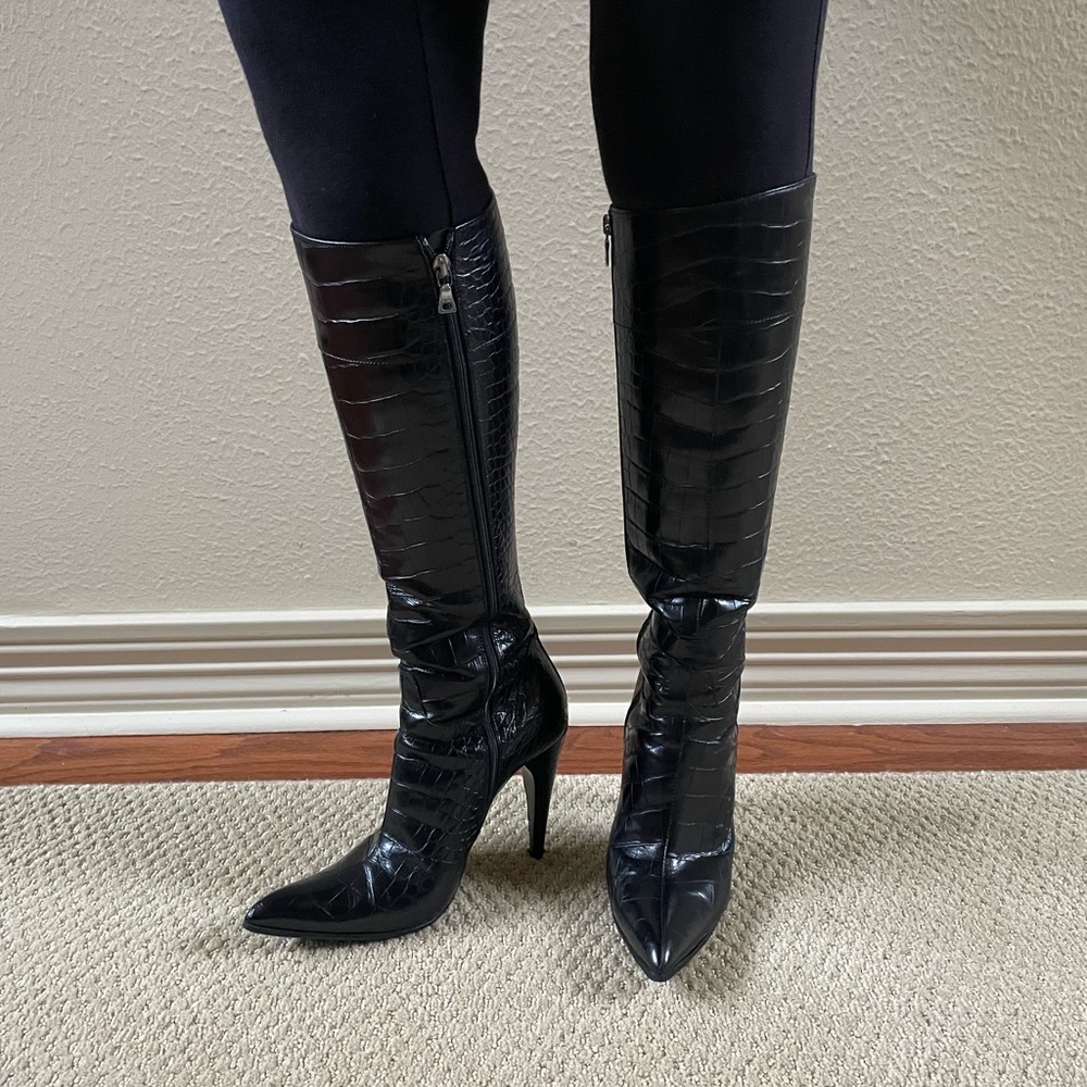 Prada Black Croc-Embossed Heeled Boots - Picture 3 of 10